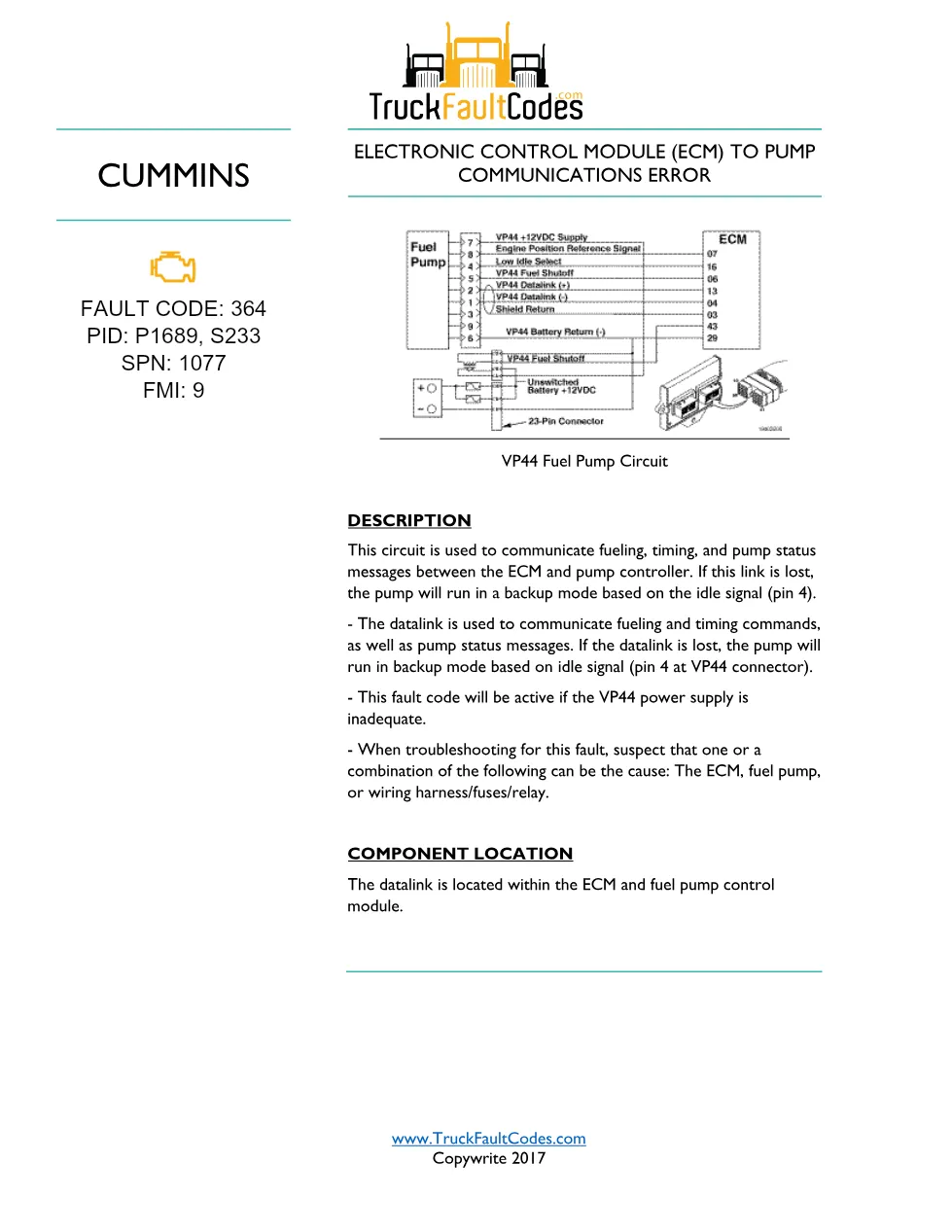 Cummins Fault Code 364 Troubleshooting Manual — VP44 Fuel Pump - preview page 1 of 3