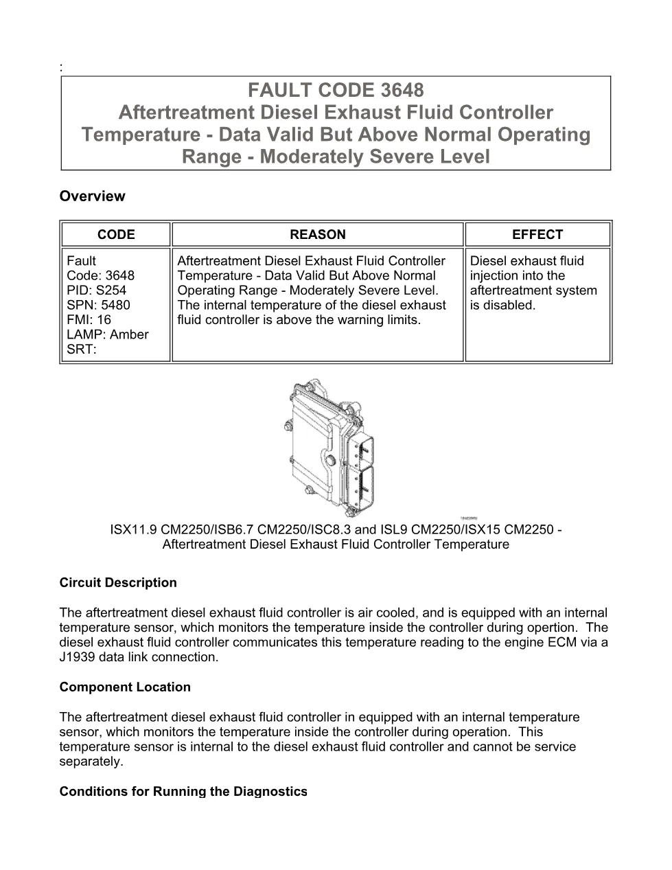 Cummins fault code 3648 – DEF controller temperature, ISX11.9 - preview page 1 of 6