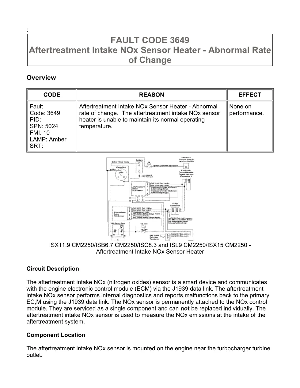 Cummins fault code 3649 – intake NOx sensor heater, ISX11.9 – PDF - preview page 1 of 6