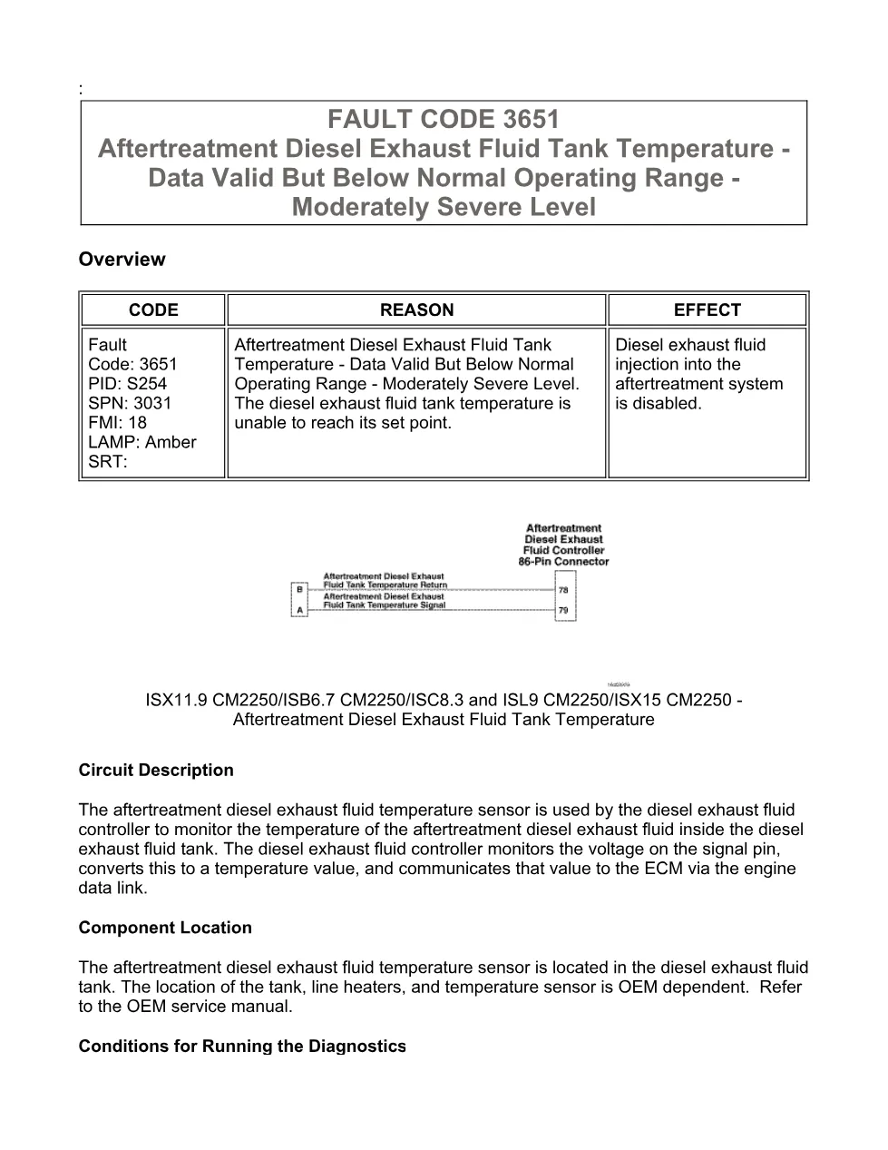 Cummins fault code 3651 – DEF tank temperature, ISX11.9 CM2250 - preview page 1 of 6