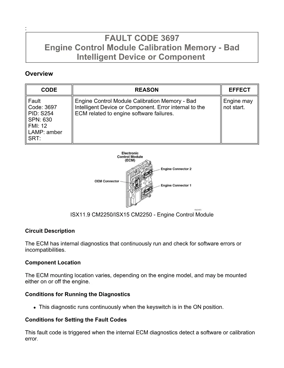 Cummins fault code 3697 – ECM calibration memory, ISX11.9 CM2250 - preview page 1 of 6
