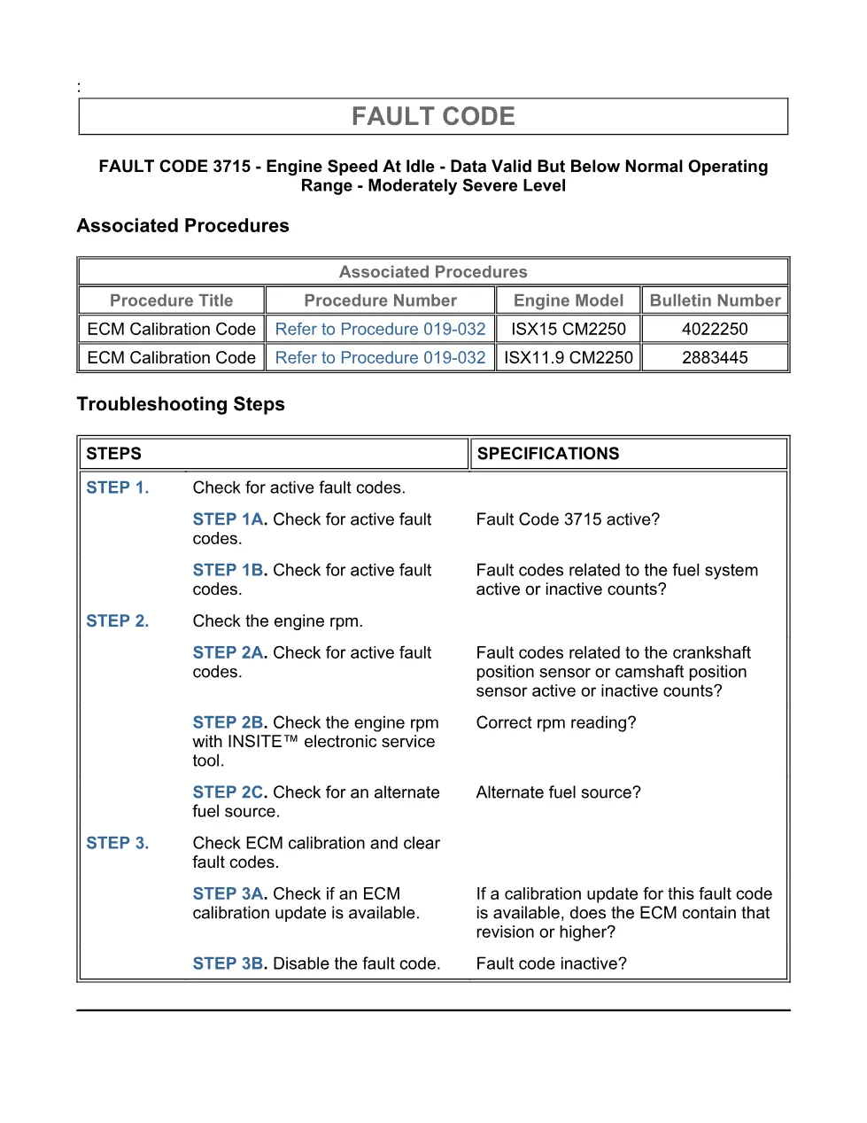 Cummins fault code 3715 – engine speed at idle, ISX11.9 CM2250 - page 3 is available after signing in