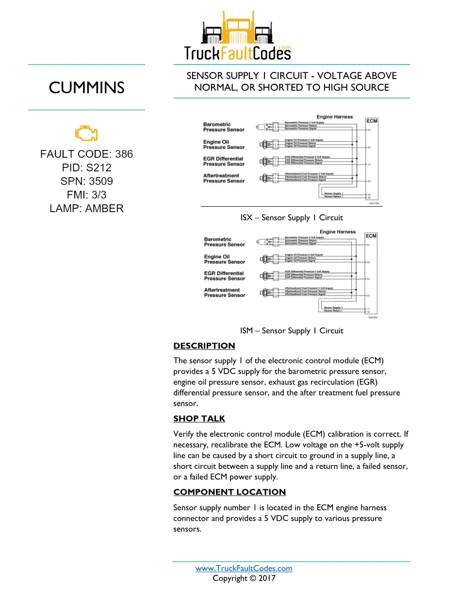 Cummins Fault Code 386 — ISM CM871 Sensor Supply 1 Circuit - preview page 1 of 3