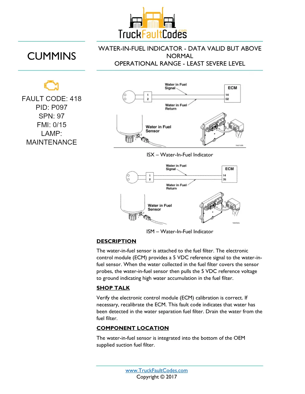 Cummins Fault Code 418 — ISM CM871 Water-In-Fuel Indicator - preview page 1 of 2