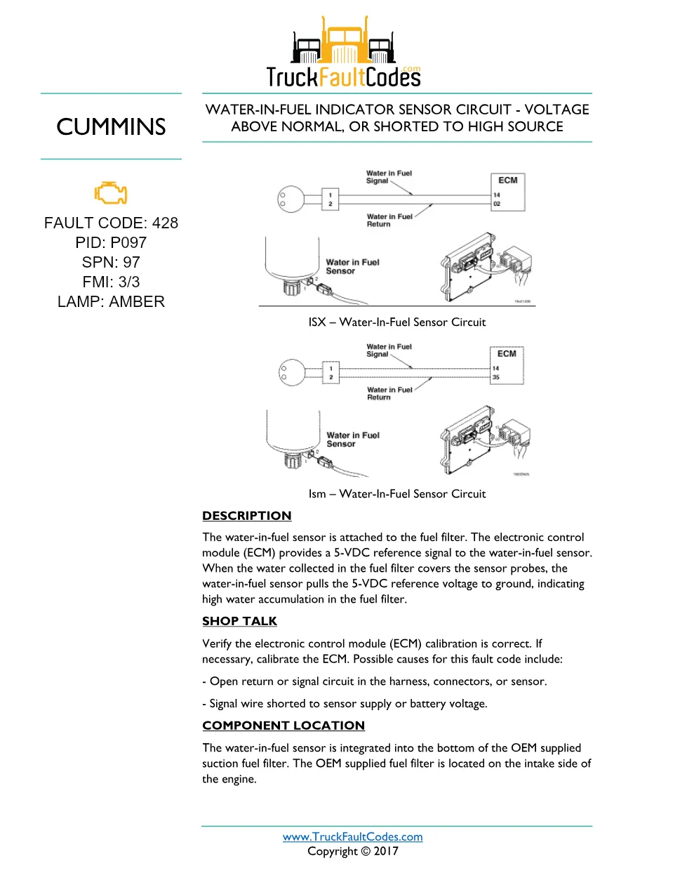 Cummins Fault Code 428 — ISM CM871 Water-In-Fuel Indicator Sensor - preview page 1 of 5