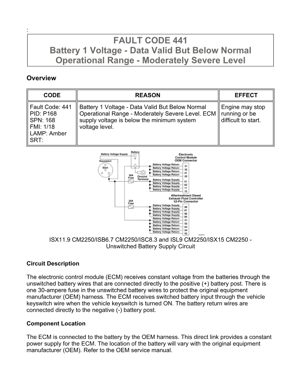 Cummins fault code 441 battery 1 voltage supply circuit – Service - preview page 1 of 6
