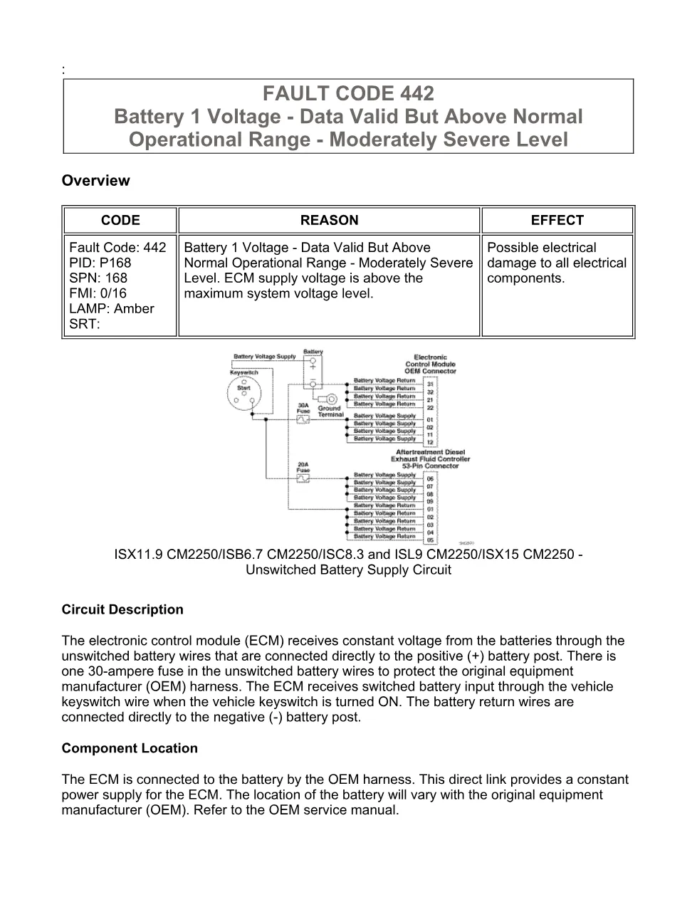 Cummins fault code 442 battery 1 voltage supply circuit – Service - preview page 1 of 6