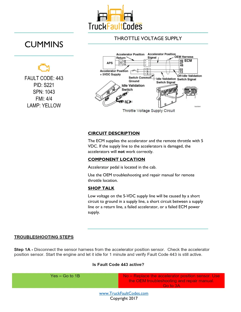 Cummins fault code 443 troubleshooting — Throttle Voltage Supply - preview page 1 of 4
