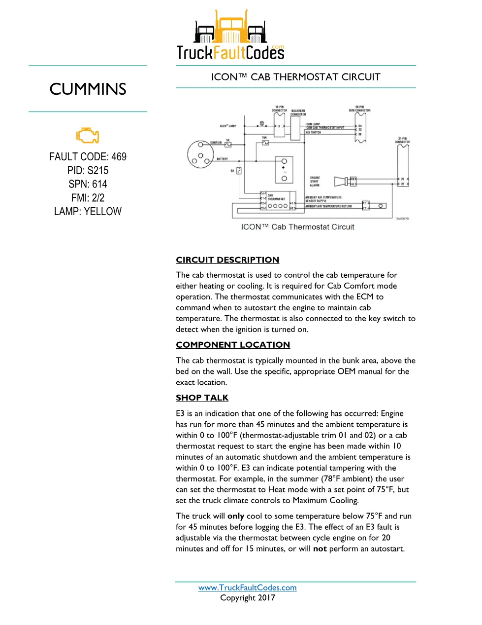 Cummins fault code 469 troubleshooting — ICON™ Cab Thermostat - preview page 1 of 3