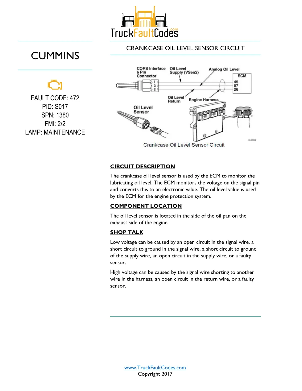 Cummins fault code 472 troubleshooting — Crankcase Oil Level - preview page 1 of 6