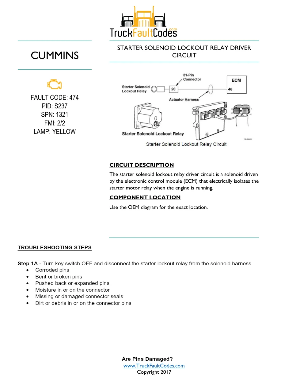 Cummins fault code 474 troubleshooting — Starter Solenoid Lockout - preview page 1 of 6