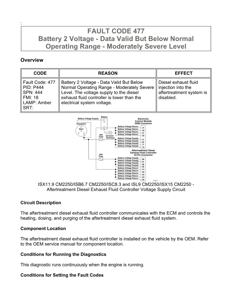 Cummins fault code 477 — Battery 2 Voltage Low — ISX11.9 CM2250 - preview page 1 of 6