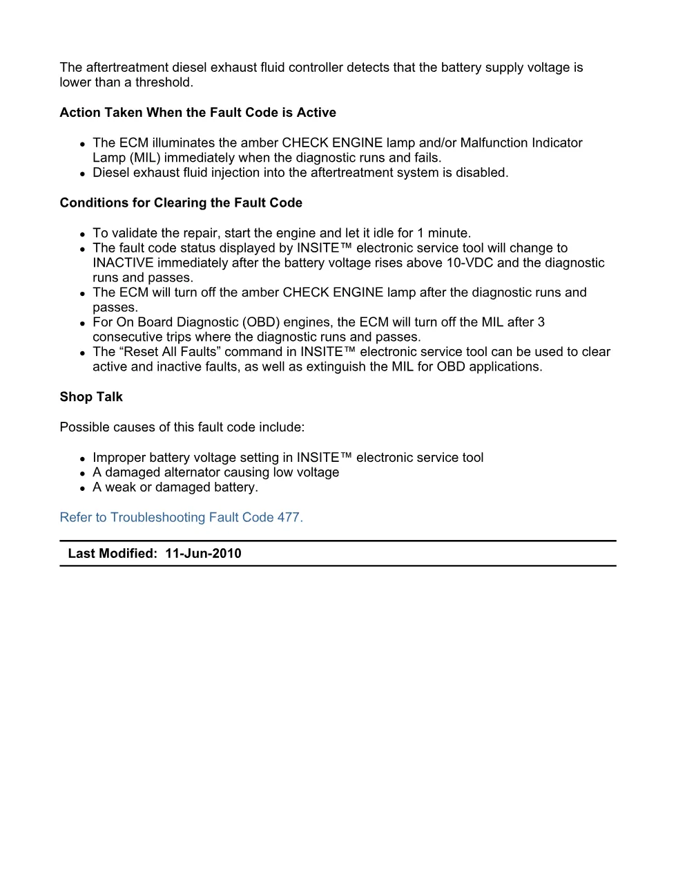 Cummins fault code 477 — Battery 2 Voltage Low — ISX11.9 CM2250 - preview page 2 of 6