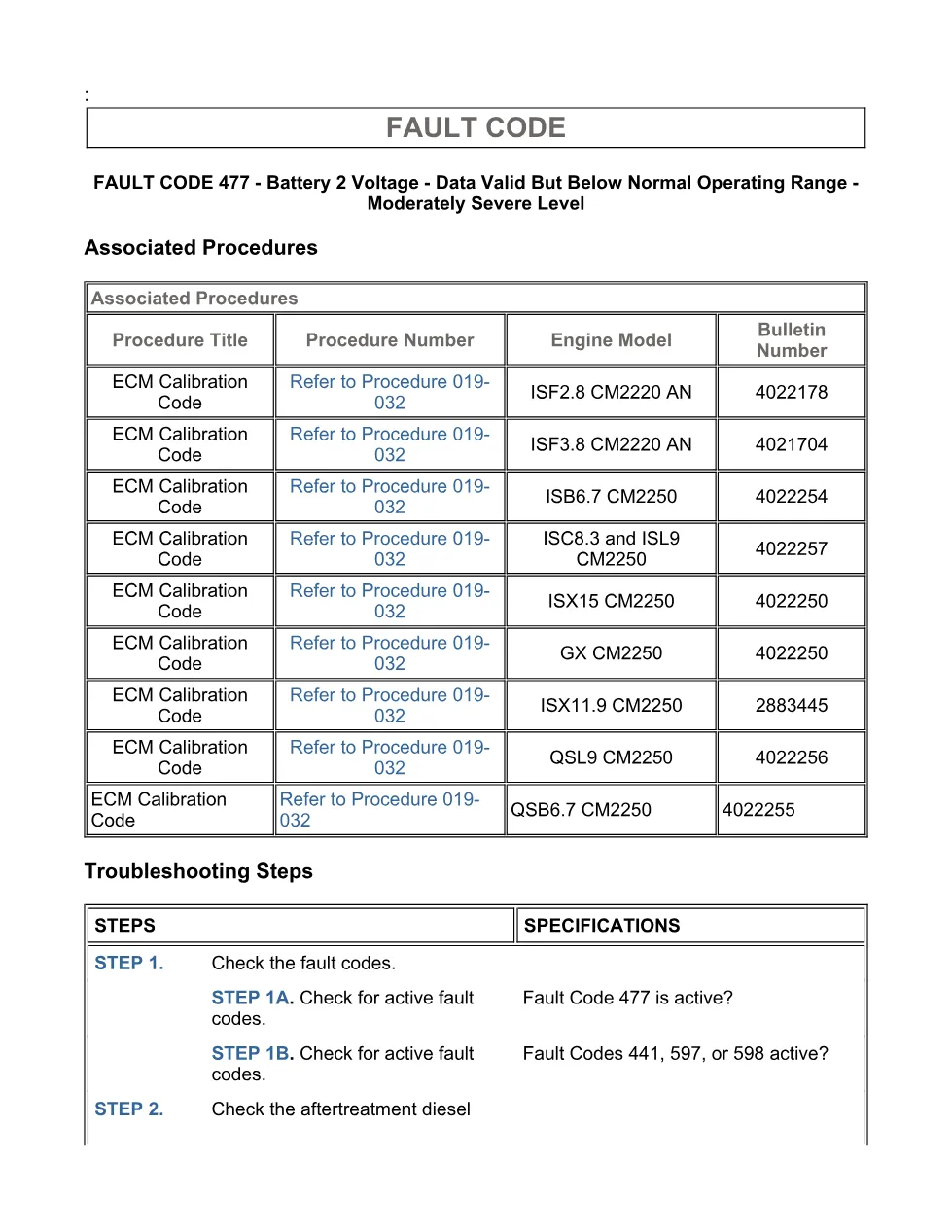 Cummins fault code 477 — Battery 2 Voltage Low — ISX11.9 CM2250 - page 3 is available after signing in
