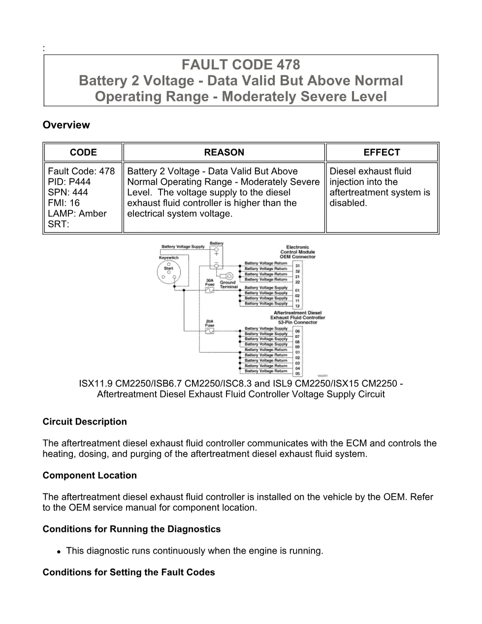 Cummins fault code 478 — Battery 2 Voltage High — ISX11.9 CM2250 - preview page 1 of 6