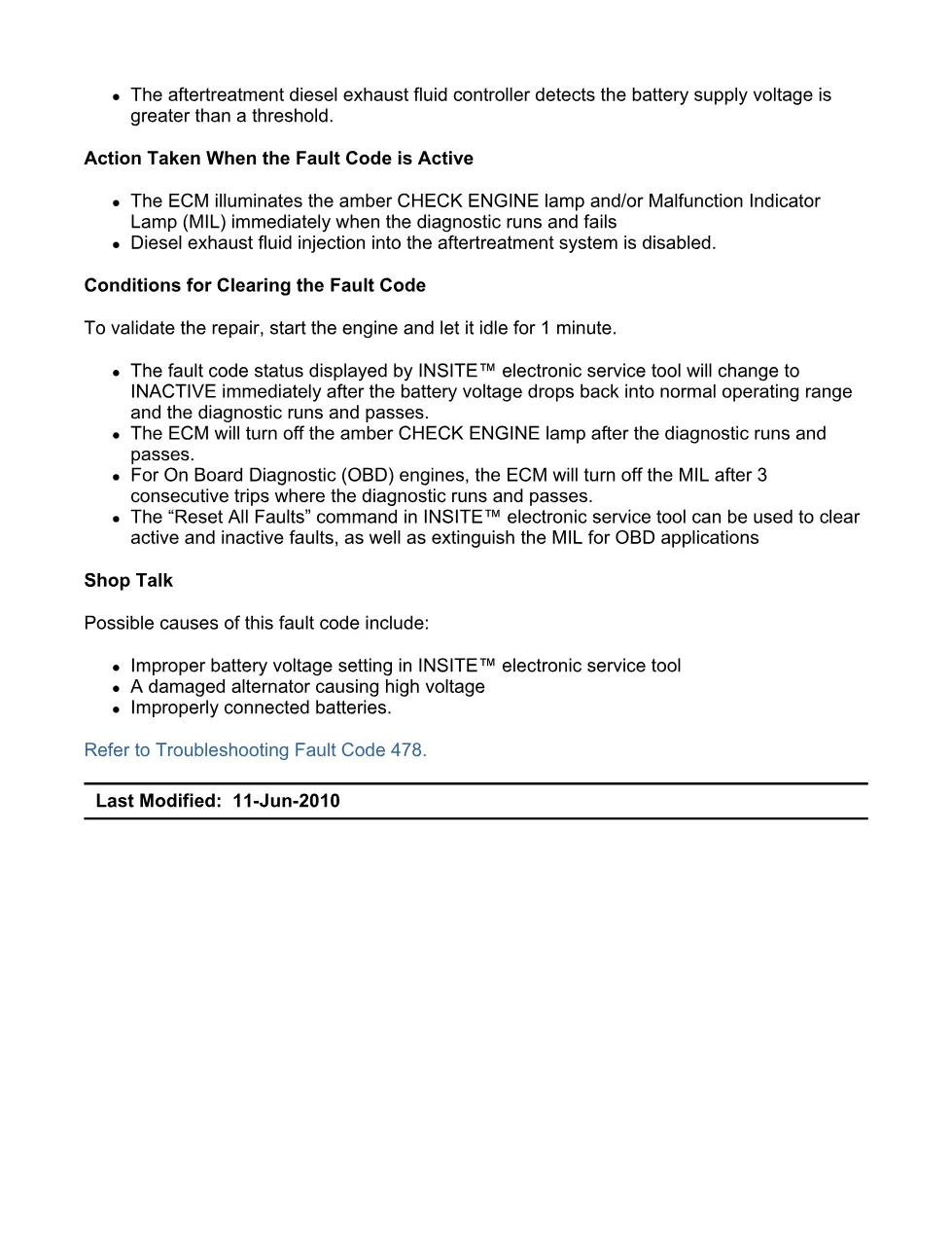 Cummins fault code 478 — Battery 2 Voltage High — ISX11.9 CM2250 - preview page 2 of 6