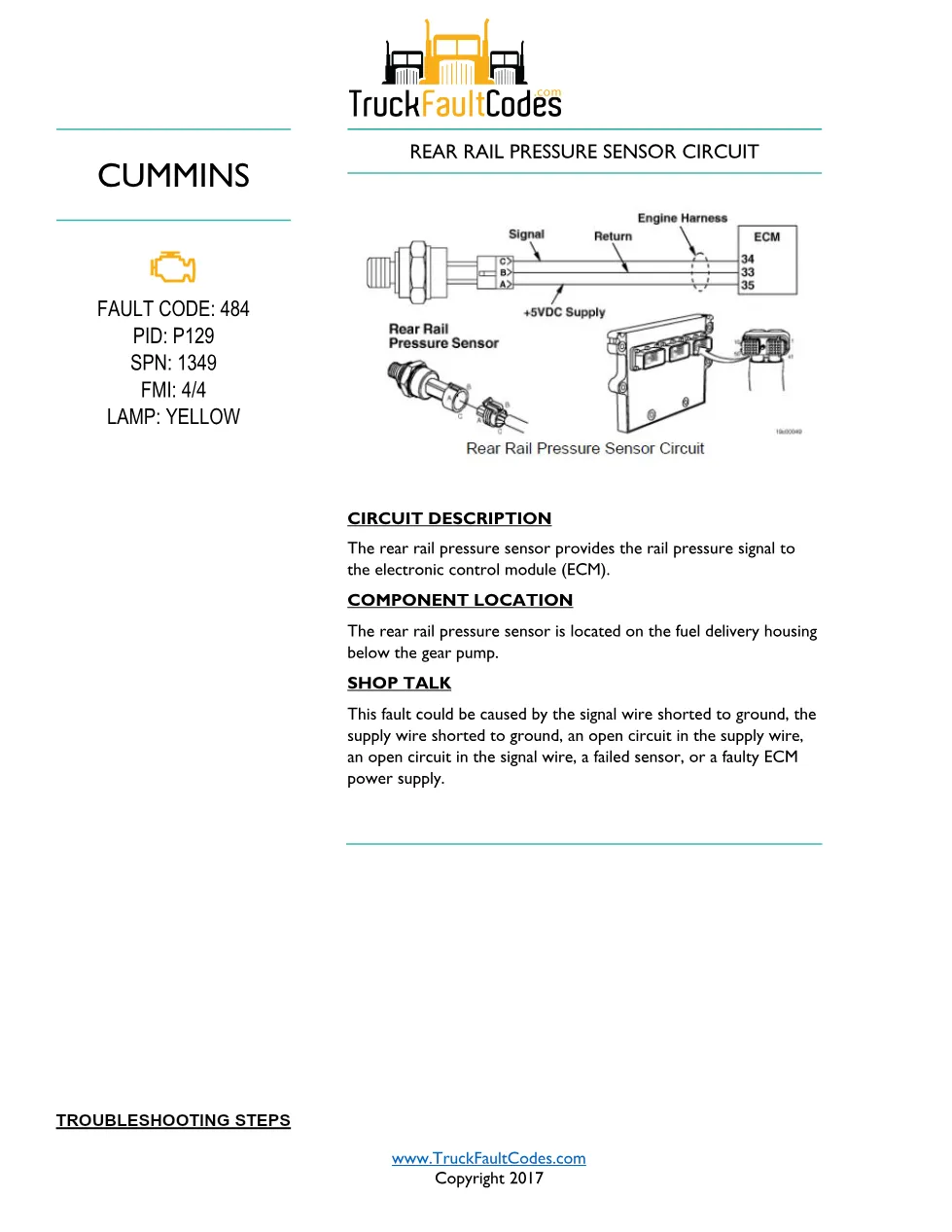 Cummins fault code 484 troubleshooting — Rear Rail Pressure - preview page 1 of 6