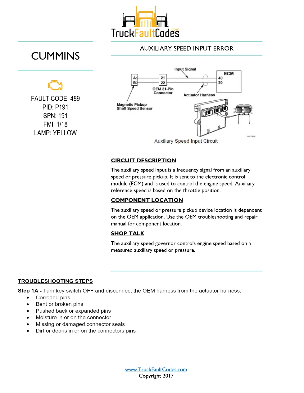 Cummins fault code 489 troubleshooting — Auxiliary Speed Input - preview page 1 of 6