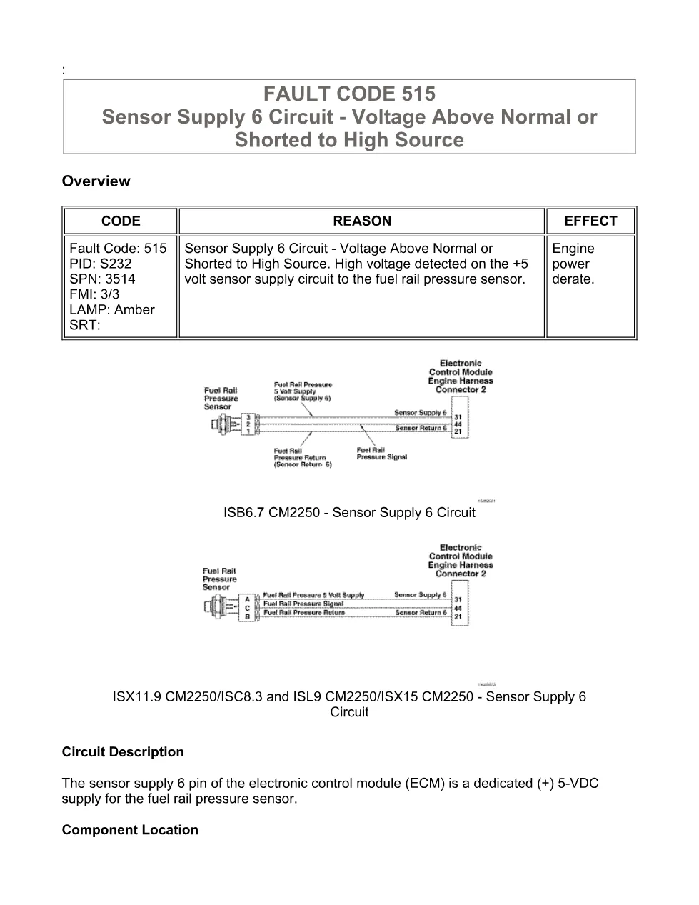 Cummins fault code 515 — Sensor Supply 6 High — ISX11.9 CM2250 - preview page 1 of 6