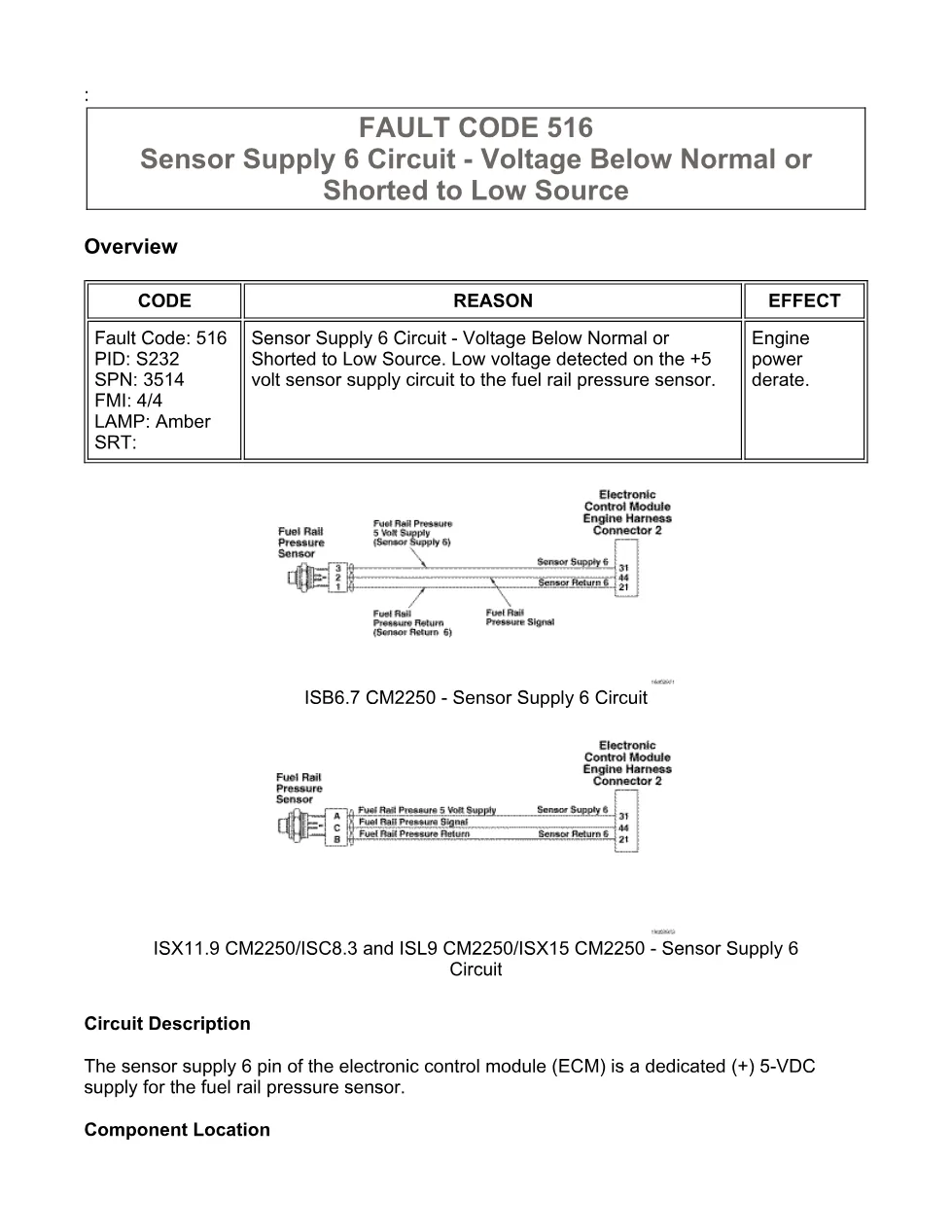 Cummins fault code 516 — Sensor Supply 6 Low — ISX11.9 CM2250 - preview page 1 of 6