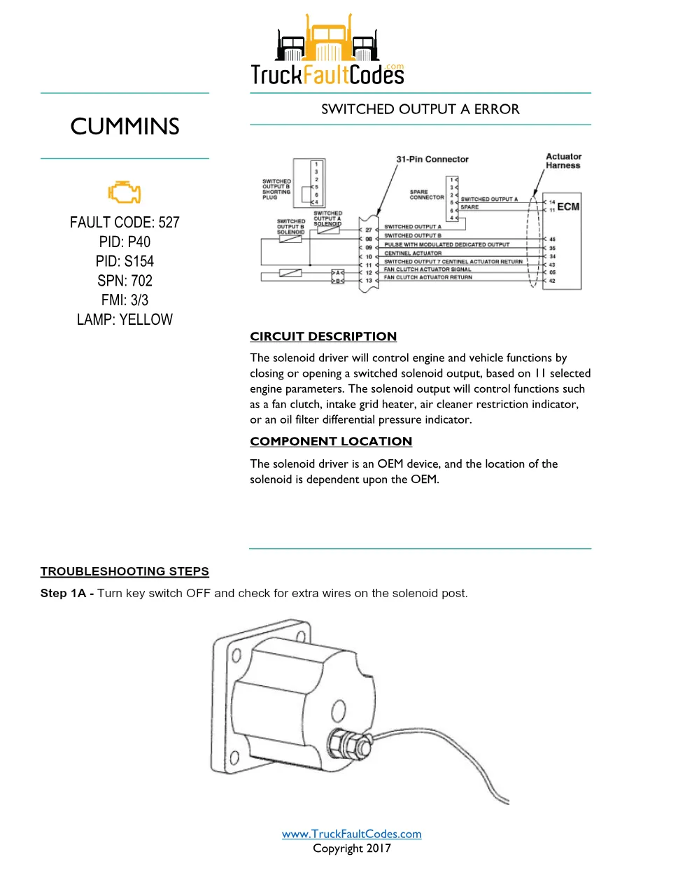 Cummins fault code 527 — ISM CM570 Switched Output A Error (SPN - preview page 1 of 6