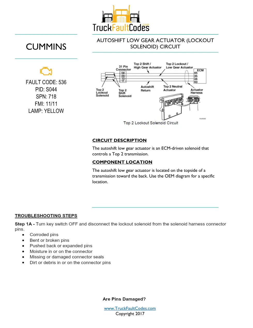 Cummins fault code 536 — ISM CM570 Autoshift Low Gear Actuator - preview page 1 of 6
