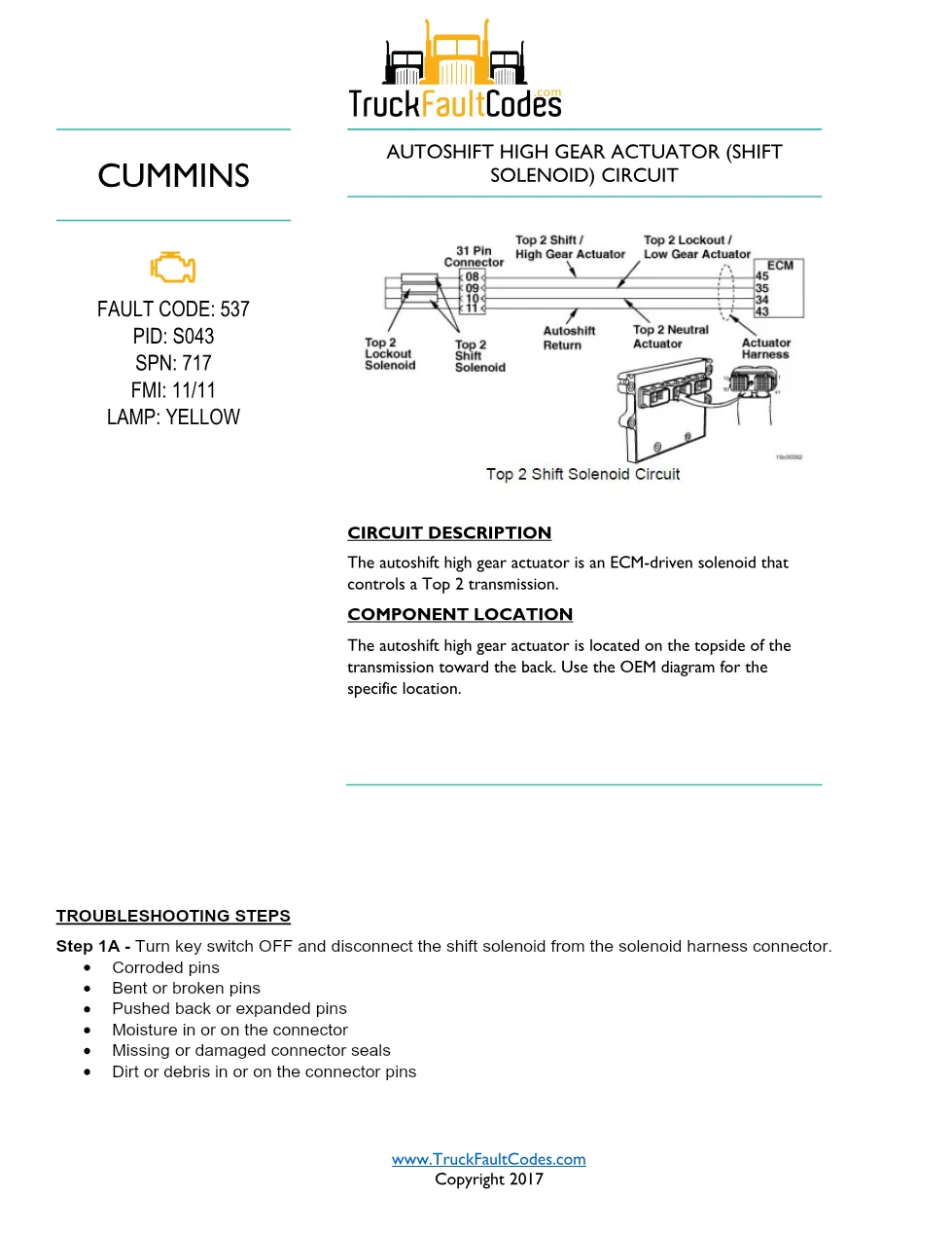 Cummins fault code 537 troubleshooting — Autoshift High Gear - preview page 1 of 6