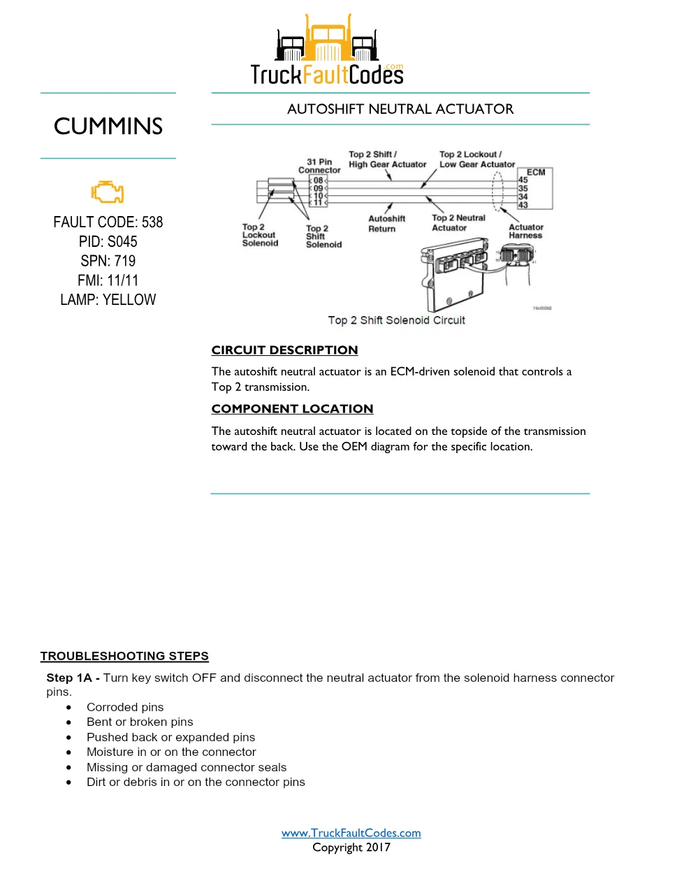 Cummins fault code 538 — ISM CM570 Autoshift Neutral Actuator - preview page 1 of 6
