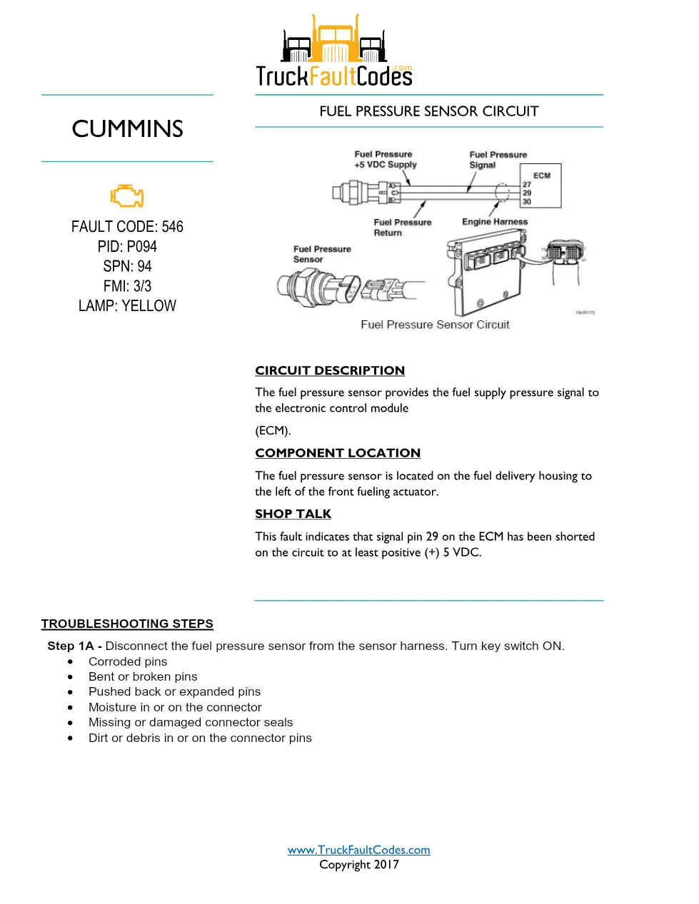 Cummins fault code 546 — ISM CM570 Fuel Pressure Sensor Circuit - preview page 1 of 6