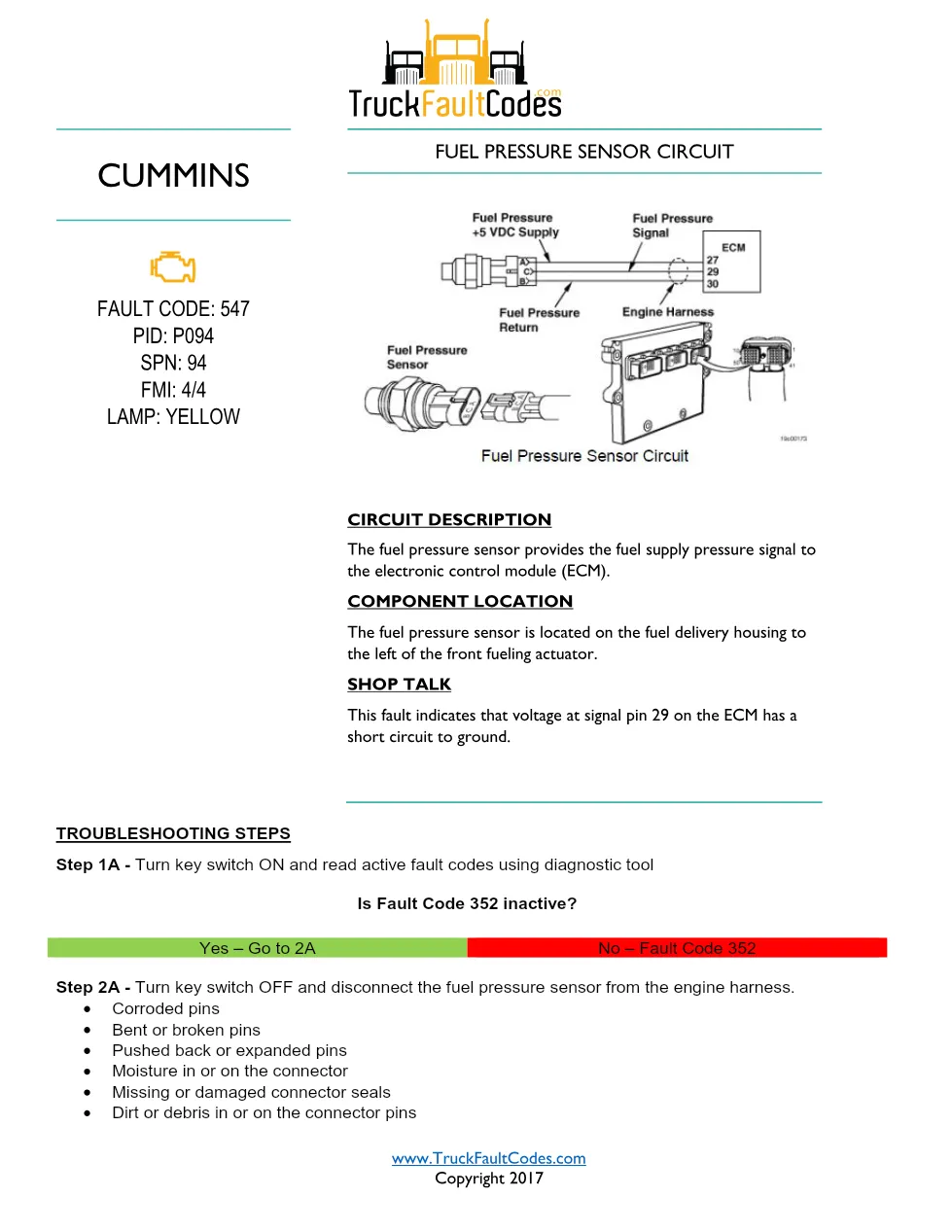 Cummins fault code 547 — ISM CM570 Fuel Pressure Sensor Circuit - preview page 1 of 6