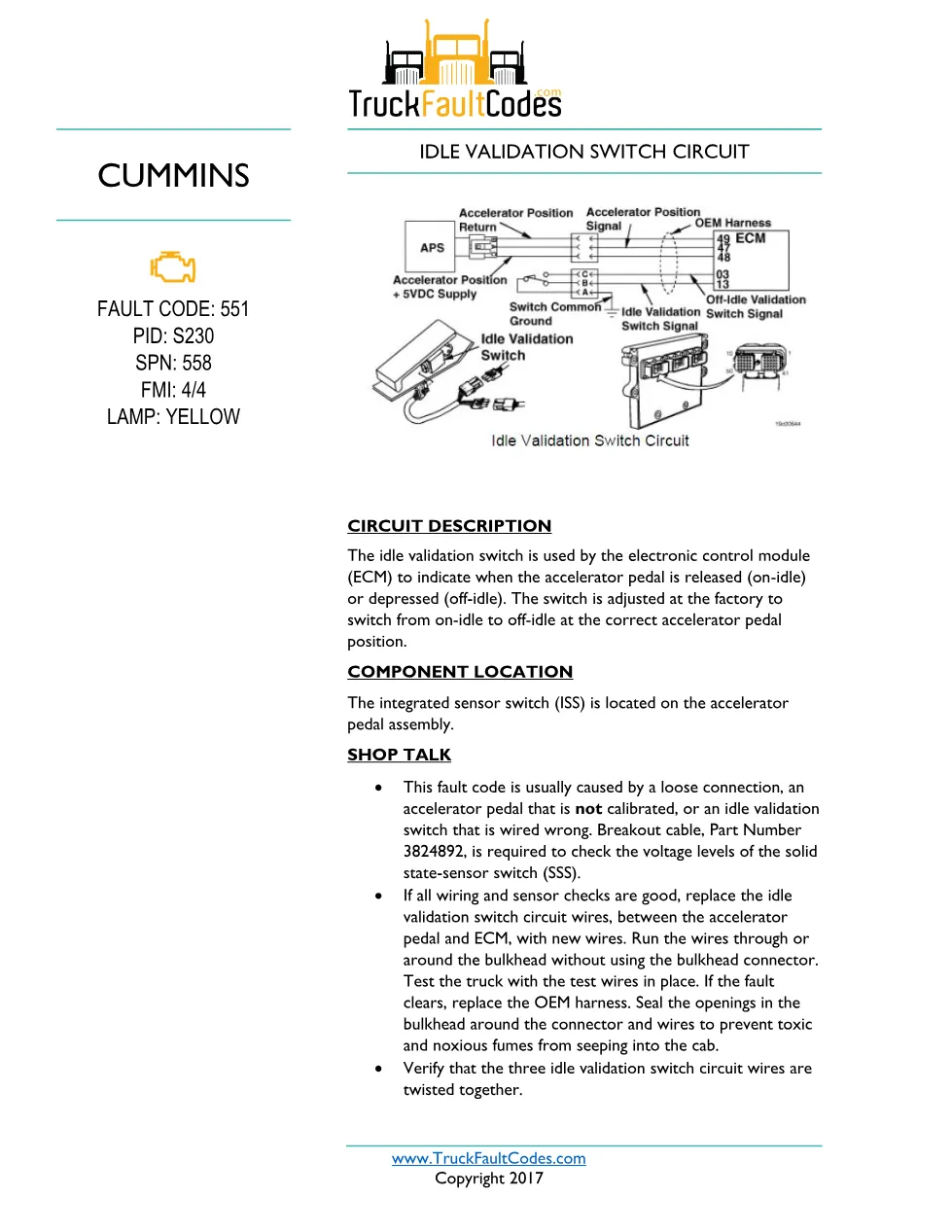 Cummins fault code 551 — ISM CM570 Idle Validation Switch Circuit - preview page 1 of 6