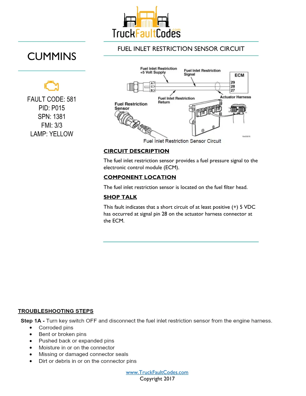 Cummins fault code 581 — ISM CM570 Fuel Inlet Restriction Sensor - preview page 1 of 6