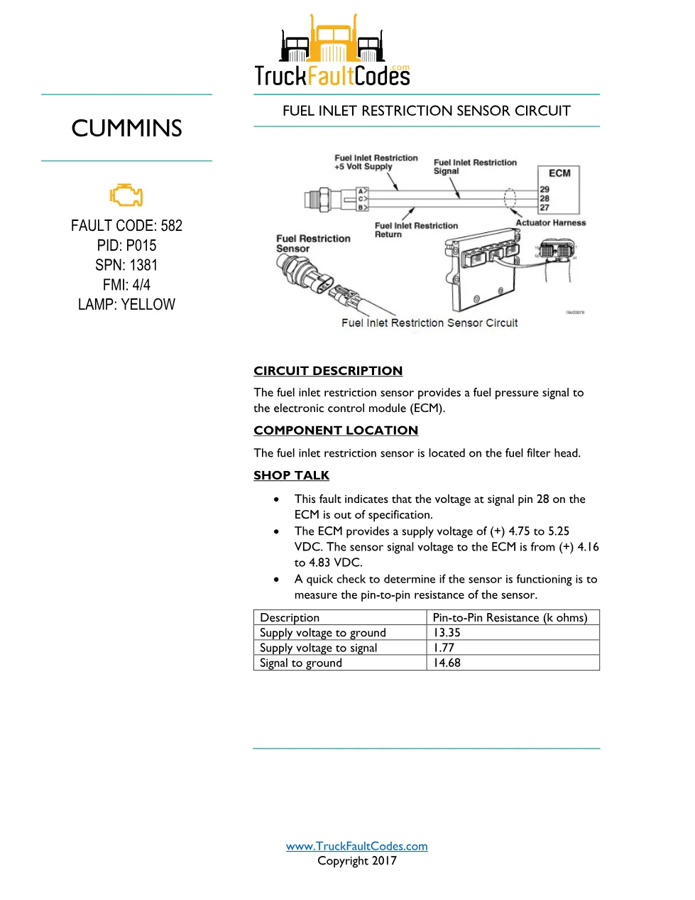 Cummins fault code 582 — ISM CM570 Fuel Inlet Restriction Sensor - preview page 1 of 6