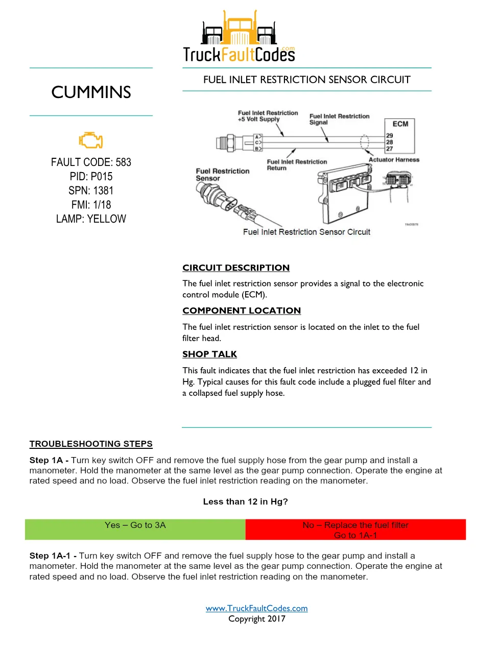 Cummins fault code 583 — ISM CM570 Fuel Inlet Restriction Sensor - preview page 1 of 2