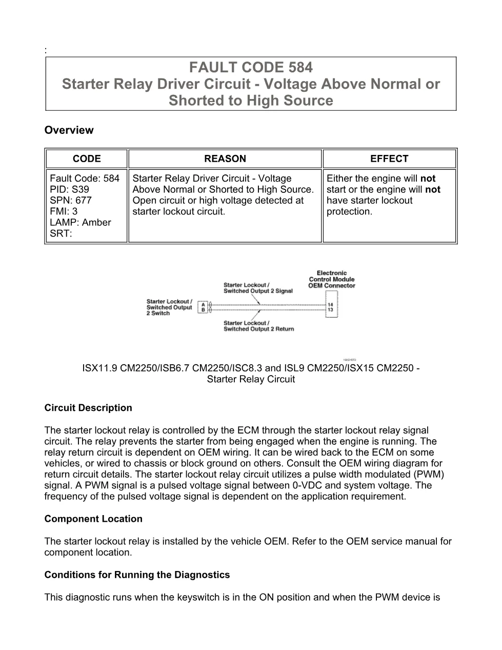 Cummins fault code 584 — Starter Relay Driver High — ISX11.9 - preview page 1 of 6