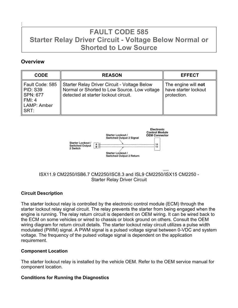 Cummins fault code 585 — Starter Relay Driver Low — ISX11.9 – PDF - preview page 1 of 6