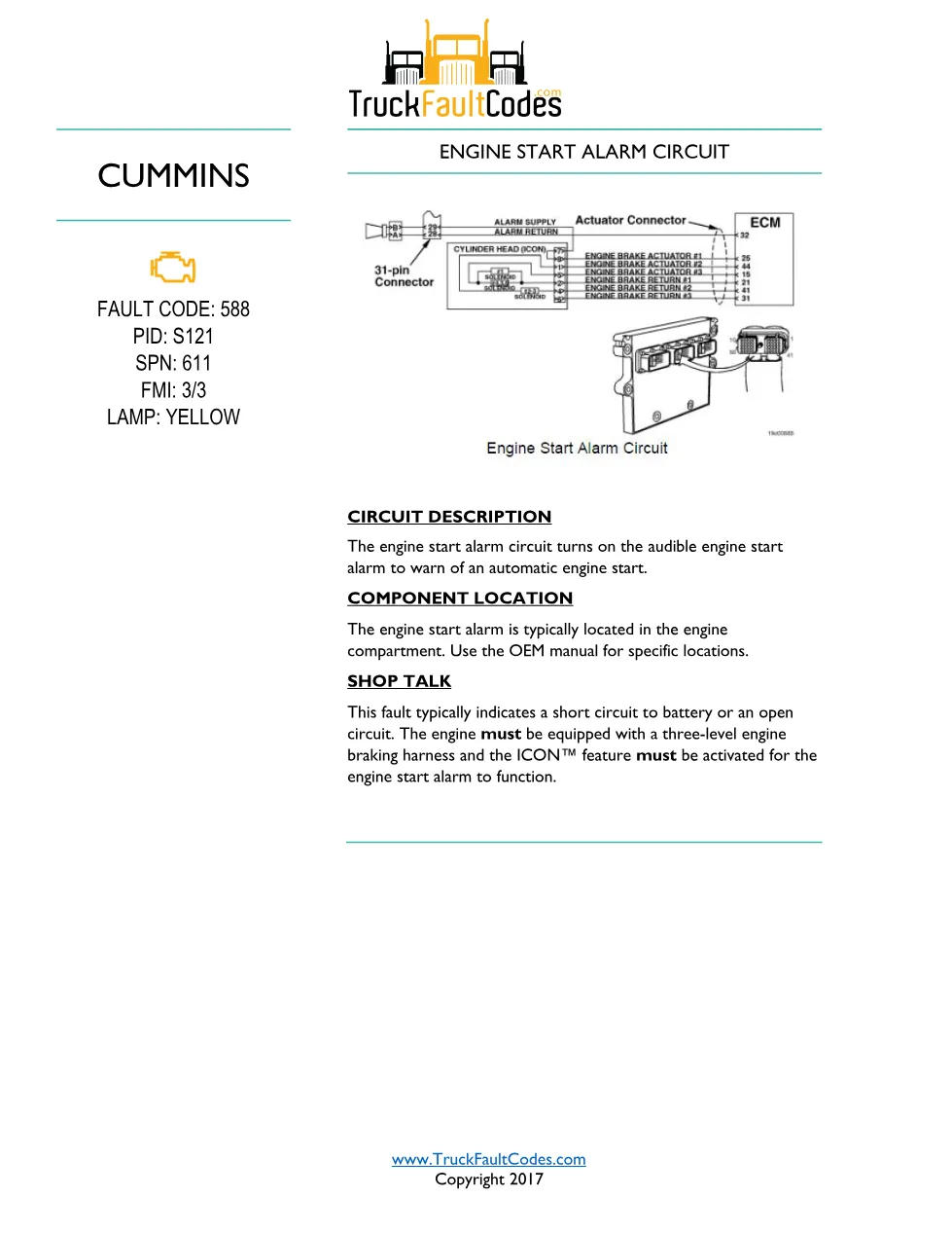 Cummins fault code 588 — ISM CM570 Engine Start Alarm Circuit - preview page 1 of 6