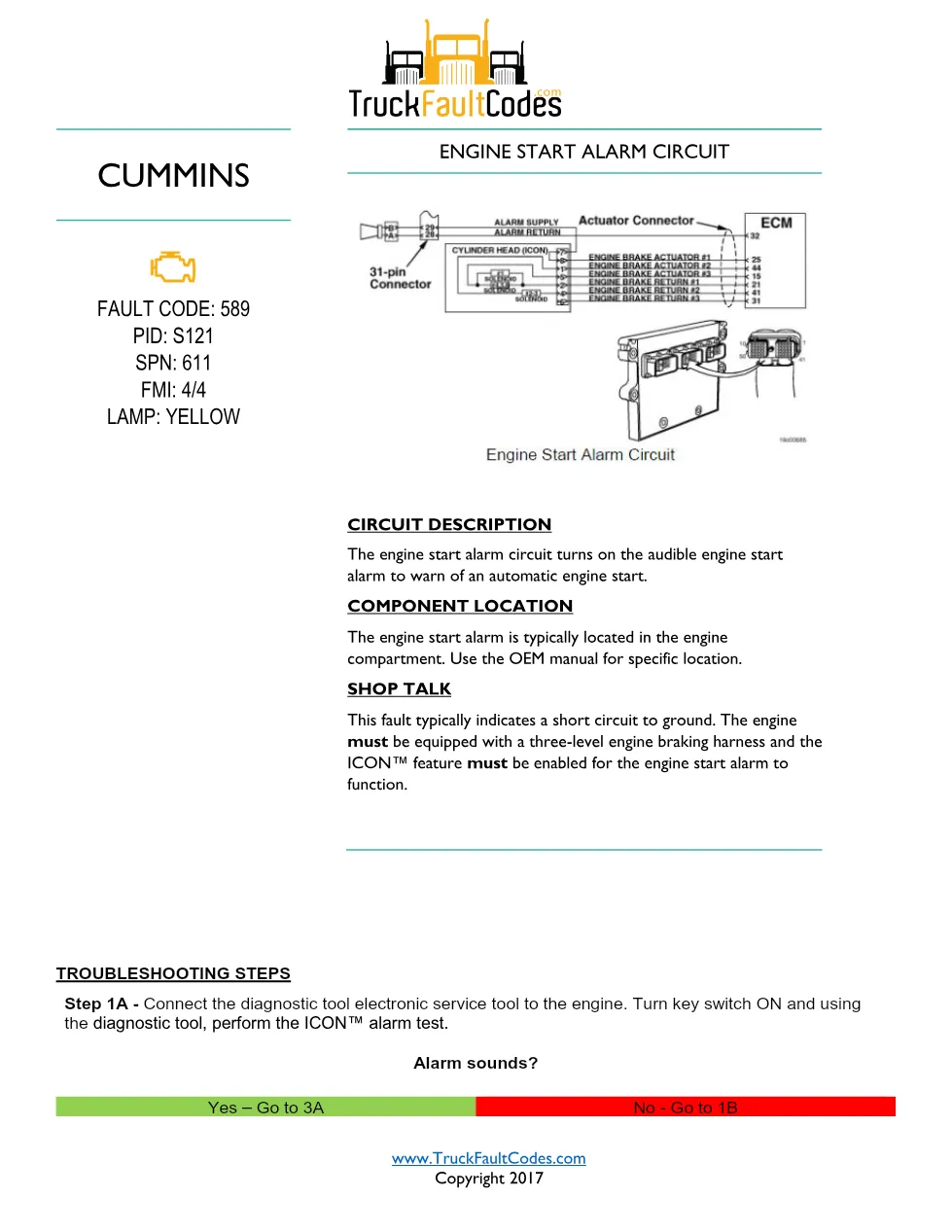 Cummins fault code 589 — ISM CM570 Engine Start Alarm Circuit - preview page 1 of 6