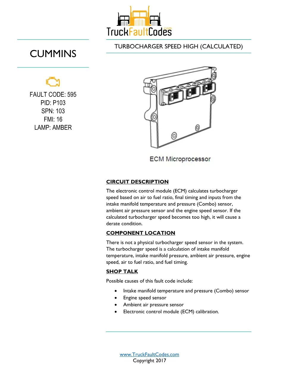 Cummins fault code 595 — ISM CM570 Turbocharger Speed High - preview page 1 of 3