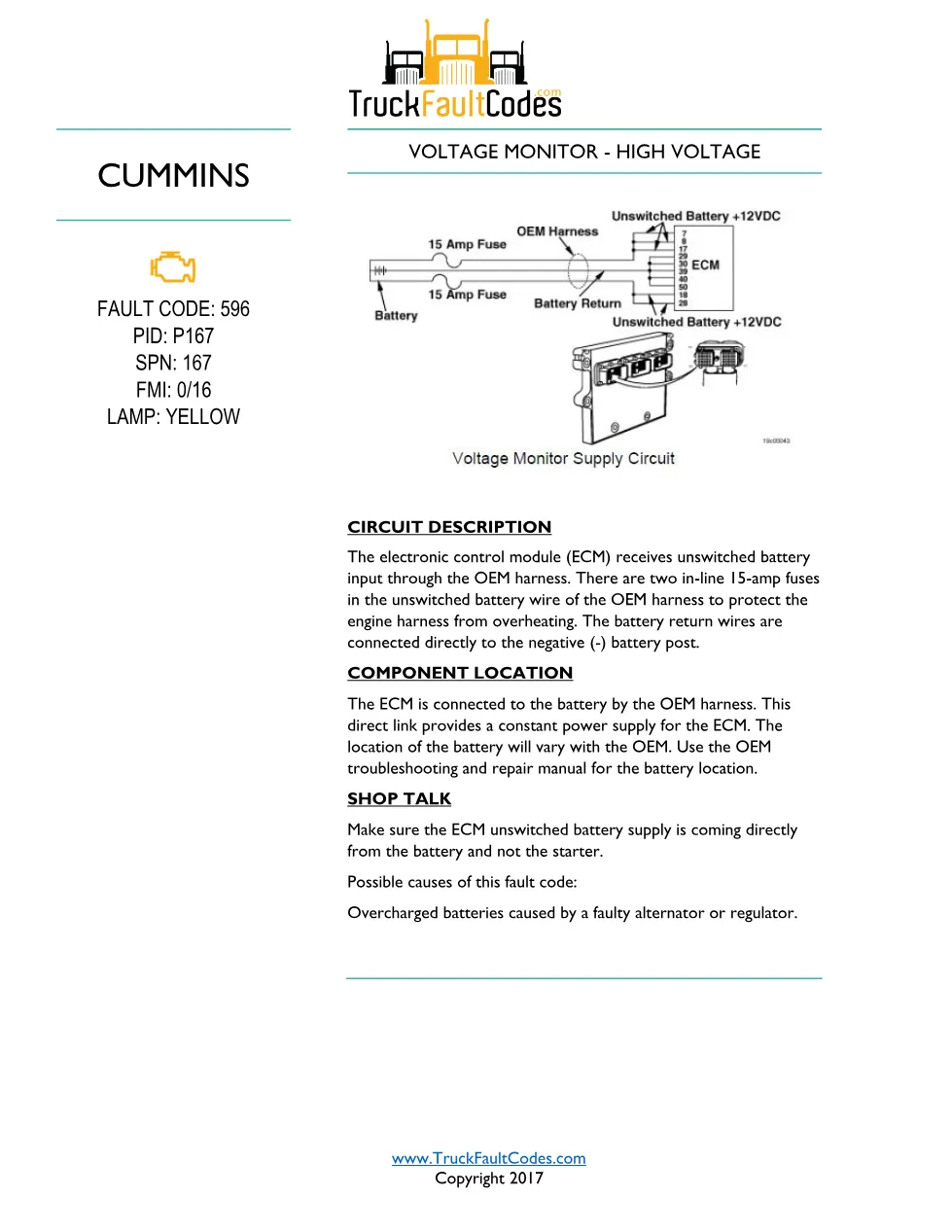 Cummins fault code 596 — ISM CM570 Battery Voltage Monitor – High - preview page 1 of 3