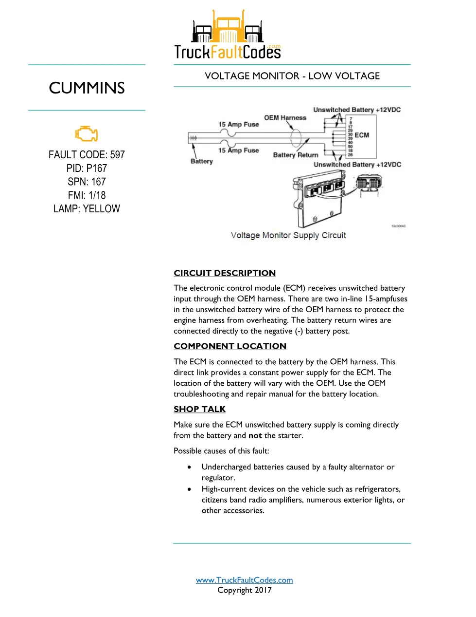 Cummins fault code 597 — ISM CM570 Battery Voltage Monitor – Low - preview page 1 of 5