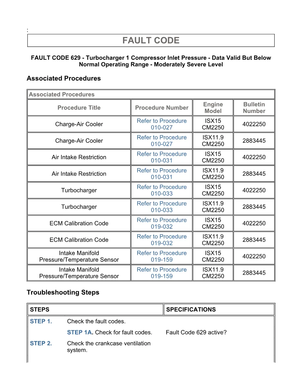 Cummins fault code 629 — Turbo Compressor Inlet Pressure – PDF - page 3 is available after signing in
