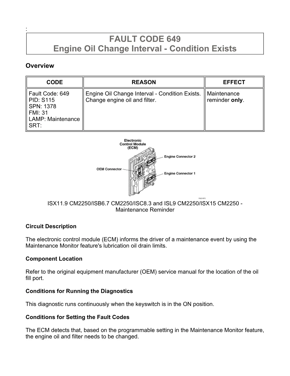 Cummins fault code 649 — Engine Oil Change Interval — ISX11.9 - preview page 1 of 6