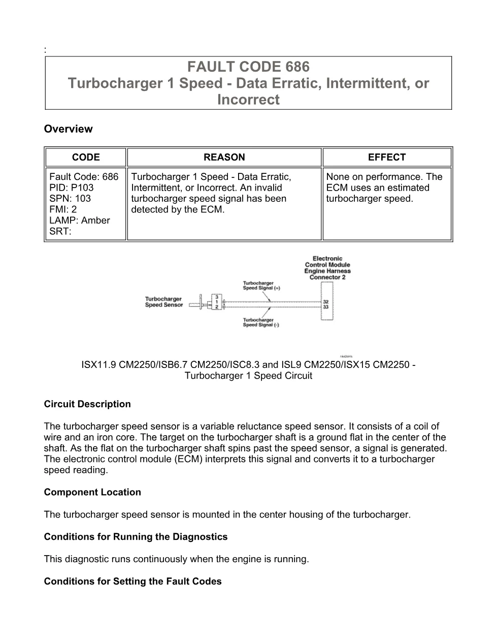Cummins fault code 686 — Turbocharger 1 Speed — ISX11.9 CM2250 - preview page 1 of 2