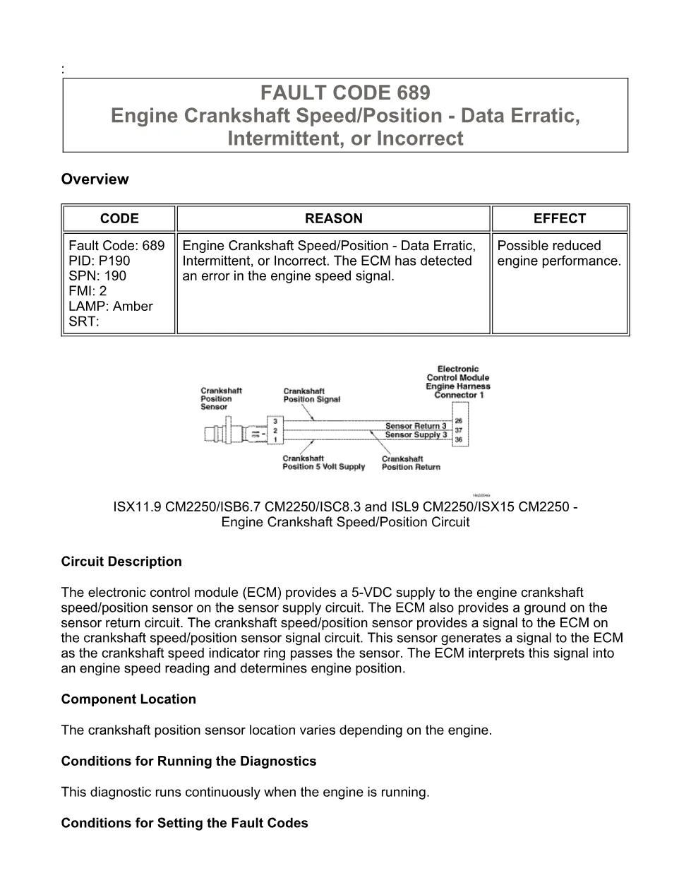 Cummins fault code 689 — Crankshaft Speed/Position — ISX11.9 - preview page 1 of 6