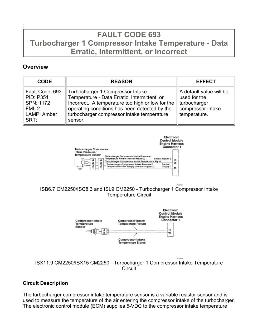 Cummins fault code 693 — Turbo Compressor Intake Temp — ISX11.9 - preview page 1 of 6