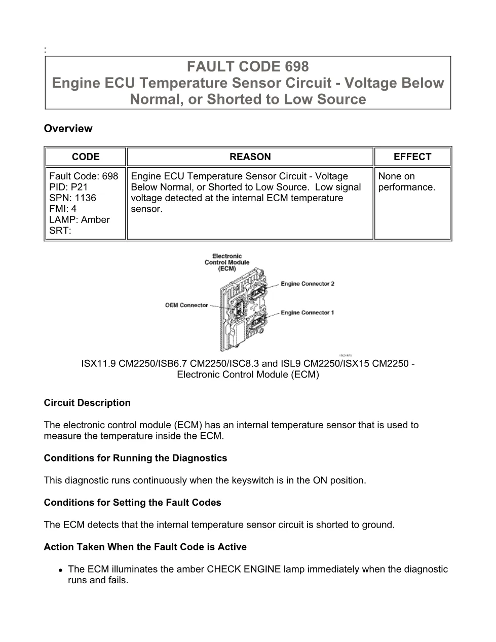 Cummins Fault Code 698: ECU temp sensor low voltage — ISX11.9 - preview page 1 of 6