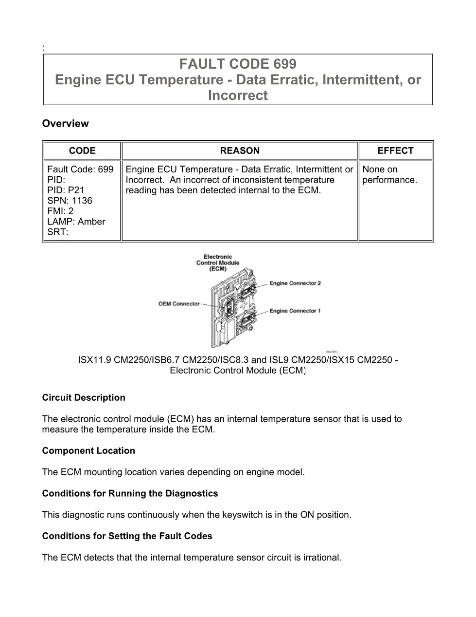 Cummins Fault Code 699: ECU temperature data erratic — ISX11.9 - preview page 1 of 6