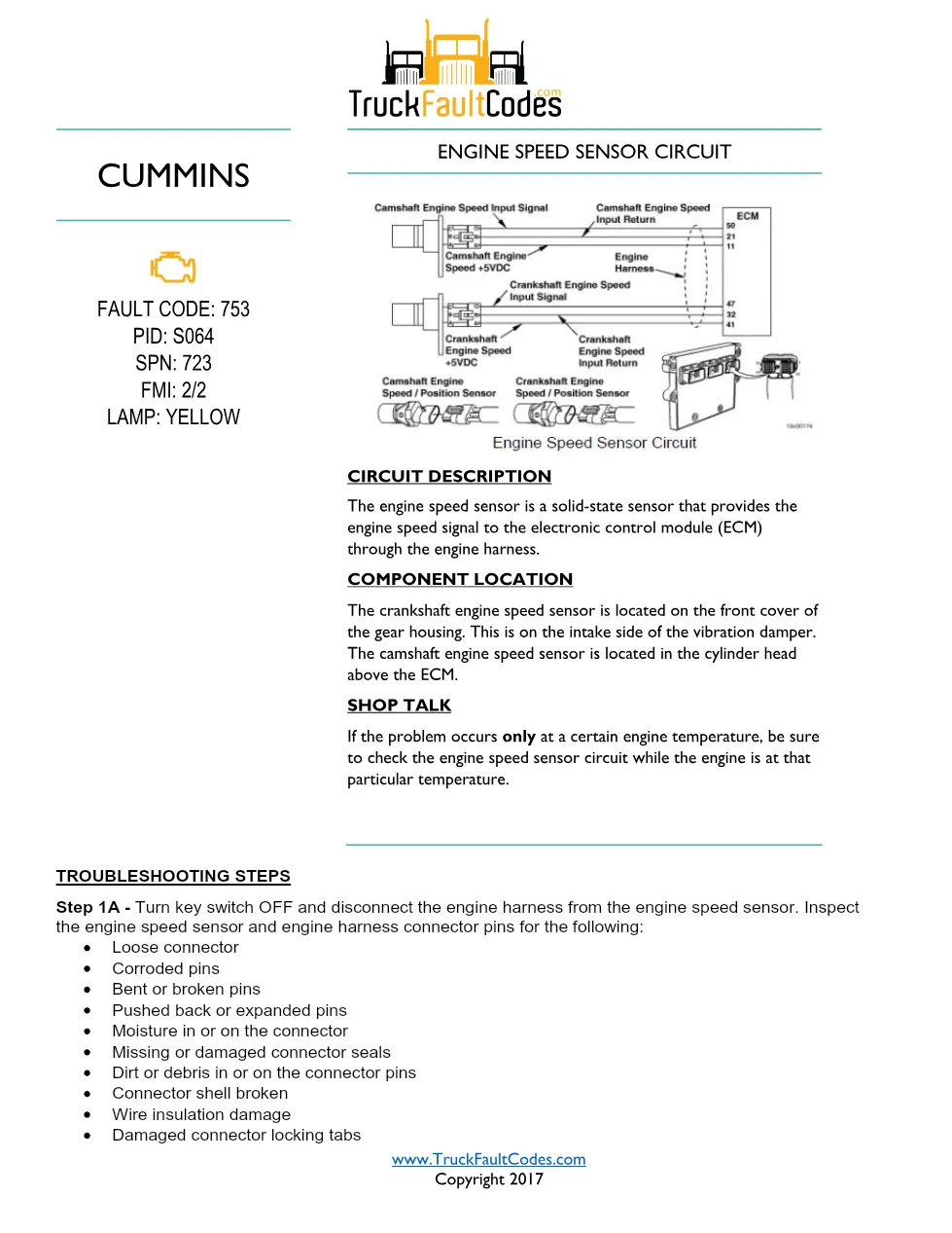 Cummins fault code 753 — ISM CM570 Engine Speed Sensor Circuit - preview page 1 of 6