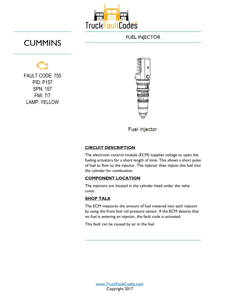 Cummins fault code 755 – ISM CM570 Fuel Injector SPN 157 – Guide - preview page 1 of 2
